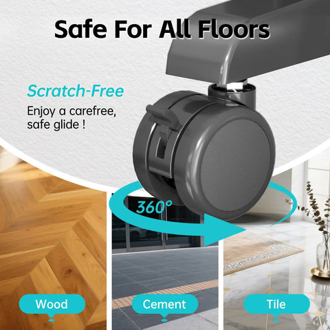 Top Shelf Standing Desk Casters With Lockable M8 Stem Rollers Built For Heavy Loads gliding effortlessly on wood, tile, and cement floors.
