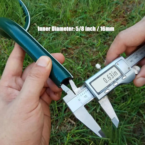Measuring diameter of 5/8 inch garden hose, close-up view of hands using caliper on grass background.