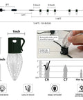 Diagram showing dimensions and features of Outdoor C9 Christmas Lights 134 Feet 150 LED, highlighting bulb size and installation.