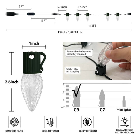 Diagram showing dimensions and features of Outdoor C9 Christmas Lights 134 Feet 150 LED, highlighting bulb size and installation.