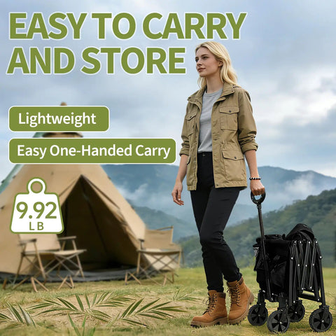 Person carrying Heavy Duty Foldable Wagon Cart With All Terrain Wheels For Camping Garden Grocery And Sports Trips Portable