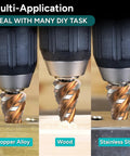 Fast Cutting M35 Cobalt HSS Step Drill Bit Set With Four Spiral Flutes And TiAlN Wear-Resistant Coating displaying multi-application use on copper alloy, wood, and stainless steel.