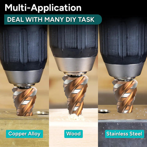 Fast Cutting M35 Cobalt HSS Step Drill Bit Set With Four Spiral Flutes And TiAlN Wear-Resistant Coating displaying multi-application use on copper alloy, wood, and stainless steel.