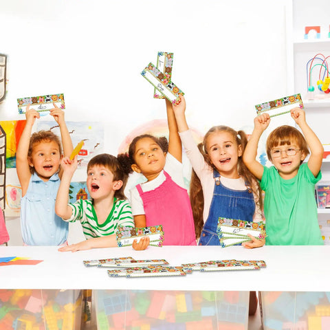 Children holding 40 Pack Classroom Name Plates For Desks With Adhesive Dots Traditional Manuscript Alphabet Tags That Go Left Or Right 11.8 By 3.9 Inches Easy To Use For Student Desks Kid Friendly Animal Theme Decor in classroom.