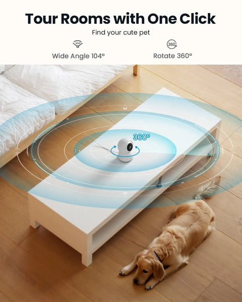 2K Indoor Security Camera System Dual Pack With 360 Degree Pan Tilt AI Tracking on coffee table with dog sleeping nearby