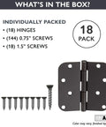 Matte Black 4x4 Inch Interior Door Hinges Set, Heavy Duty 18 Pack With 108 Screws displayed with screws and hinge