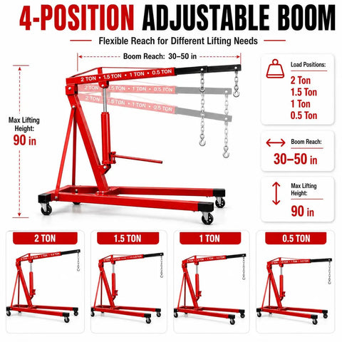 5000 Lbs Folding Engine Hoist Cherry Picker Crane Hydraulic Pump Heavy Duty Alloy Steel Frame with 4-position adjustable boom.