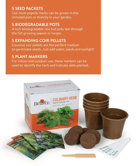 Indoor Herb Garden Starter Kit With Five Seed Packets Cilantro Dill Parsley Sweet Basil And Chives Five Biodegradable Pots Coir Pellets And Plant Markers For Easy Windowsill Growing Non GMO Kid Friendly packaging, pots, pellets, and markers.
