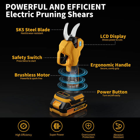 Heavy Duty 2 In 1 Electric Pruning Shears With A Telescoping Pole Reaching 15 Feet Slicing Through Thick Branches Like Butter While Skipping Ladder Drama Includes Dual 2 Amp Hour Packs For Your Daily Yard Grind featuring SK5 steel blade, ergonomic handle, and LCD display.
