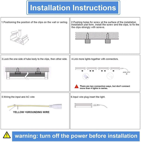 Installation instructions for 10Pack 4Ft LED Shop Light 50W 8000LM 6500K Linkable T8 Tube With Clear Cover