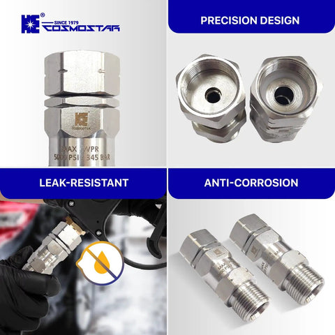 Stainless Steel M22 360 Degree Pressure Washer Swivel Joint Fitting For Guns And Hoses, 5000 PSI, 0.85 Inch ID To M22, High Flow, No Twist, Not For 3 By 8 NPT M, stainless steel pressure washer swivel fitting