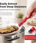 Heavy Duty 3 In 1 Kitchen Lift Tool With Sure Fire Non Slip Heat Safe Grip For Holding Bowls Casseroles Pot Lids And Bottle Caps Quick Mixing Sidekick And Serving Essential In Bright Red, extracting a plate from a steamer.