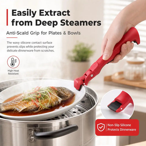Heavy Duty 3 In 1 Kitchen Lift Tool With Sure Fire Non Slip Heat Safe Grip For Holding Bowls Casseroles Pot Lids And Bottle Caps Quick Mixing Sidekick And Serving Essential In Bright Red, extracting a plate from a steamer.