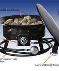 Smokeless Propane Fire Pit 19 Inch Portable Firebowl 58K BTU With Self Igniter Cover And Carry Straps showcasing lava rocks and hose