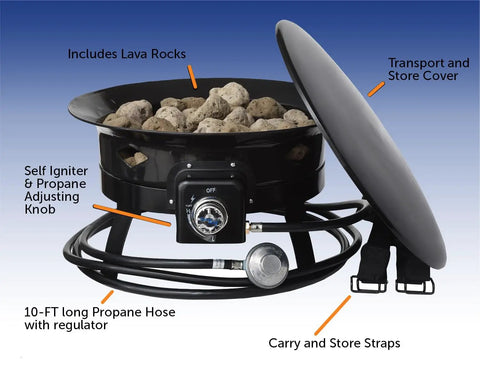 Smokeless Propane Fire Pit 19 Inch Portable Firebowl 58K BTU With Self Igniter Cover And Carry Straps showcasing lava rocks and hose