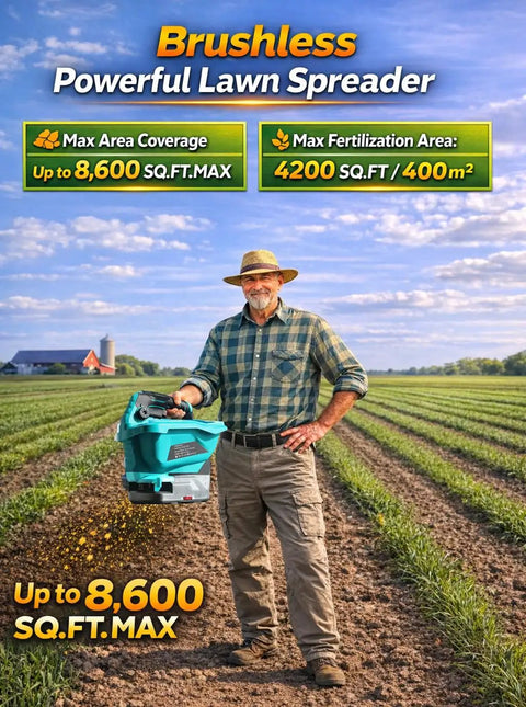 Farmer holding Cordless Electric Fertilizer And Seed Spreader for lawns, illustrating usage in field with 8600 sq ft coverage.