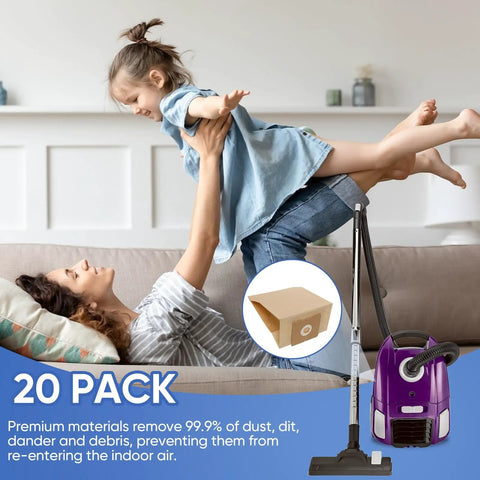 Child playing near vacuum and 20 Pack Replacement Vacuum Bags For Zing And PowerForce Canister Vacuums Compatible With 4122 4122D