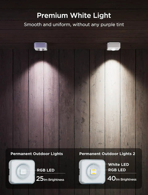 Comparison of Permanent Outdoor Lights and Year-Round 100Ft RGBIC Permanent Outdoor Lights 2, highlighting brightness