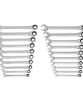 20 Piece Ratcheting Combination Wrench Set With SAE And Metric Sizes, 72 Tooth Ratchet, Off Corner Loading Design, Pass Through Technology For Deep, Quick Fastener Work shown