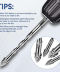 Drill bit set: four-flute eccentric twist with hex shank; side view, inset shows sawtooth tips for concrete.