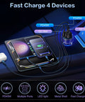 Usb C Car Charger Featuring 90W Fast Charging Multi Port Cigarette Lighter Adapter charging four devices in a car console.