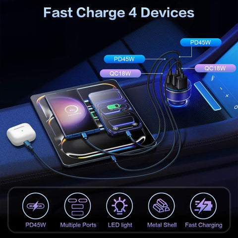 Usb C Car Charger Featuring 90W Fast Charging Multi Port Cigarette Lighter Adapter charging four devices in a car console.