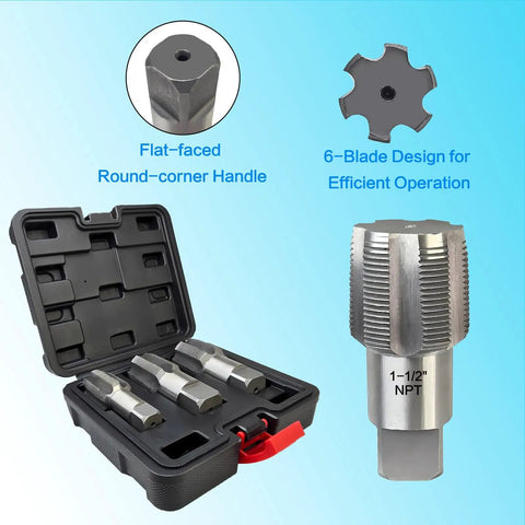 3-Piece NPT Pipe Tap Set For 1-In, 1-1/4-In, And 1-1/2-In Pipe Fittings, carbon steel hand threading taps in black case with details