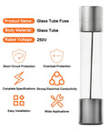 Garage Ready Fast Blow Glass Fuse Assortment Kit For Cars And Trucks 6X30MM Automotive Fuses with clear glass tube and metal ends.