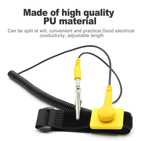Anti Static Wrist Strap 11 Inch Adjustable ESD Wristband With Grounding Clip For Electronics And PC Building, Comfortable Anti Static Wristband Fit 6 To 8.5 Inch Wrists, Alligator Clip Included shown in yellow with coiled cable.