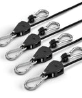 One Eighth Inch Rope Tie Down Ratchet Set Four Pack Adjustable Grow Light Hangers with metal ratchets and braided ropes