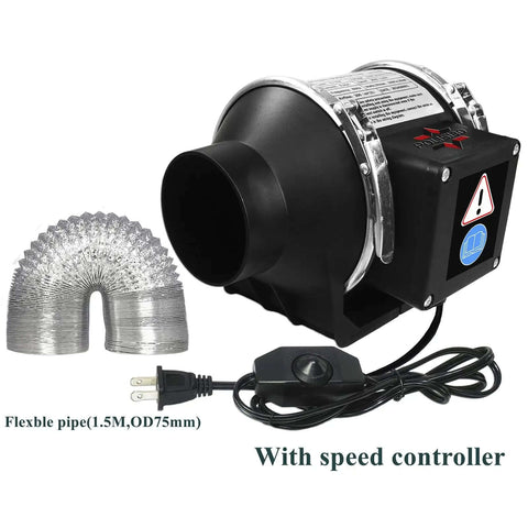 Powerful 3 Inch Duct Fan With Speed Controller Delivers Up To 200 Cubic Meters Per Hour Airflow shown with flexible pipe and plug