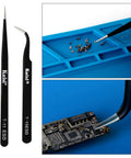 6 Piece Double Sided Soldering Aid Tool Set With 2 Precision Tweezers for electronics repair shown handling small components