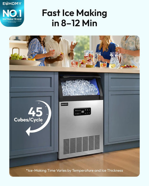Straight Up Solid Commercial Ice Maker Makes 120 Lbs Daily Under Counter Design With A 33 Lb Storage Bin And Easy Water Filter Setup For House Parties That Gonna Run Super Chill displayed in a kitchen.