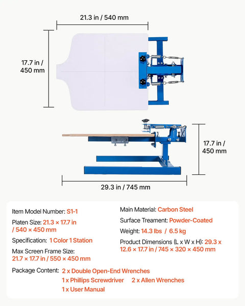 Diagram of One Color One Station Silk Screen Printing Press For Tees And Garments, 21.3 By 17.7 Inch Platen, Adjustable Tension