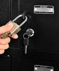 Real Tough Twenty Four Door Cell Phone And Tablet Locker Cabinet with individual key compartments, showing padlock and key in use.