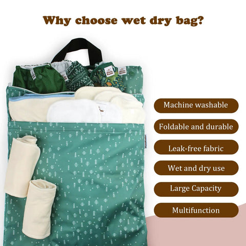 Reusable Hanging Wet Dry Bag Duo For Baby Gear And Travel Needs with zippered pocket holding clothes and towels.