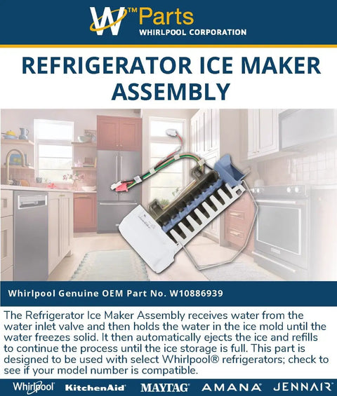 Genuine OEM Refrigerator Ice Maker Assembly Replacement Part Replaces W10825619 displayed with product details