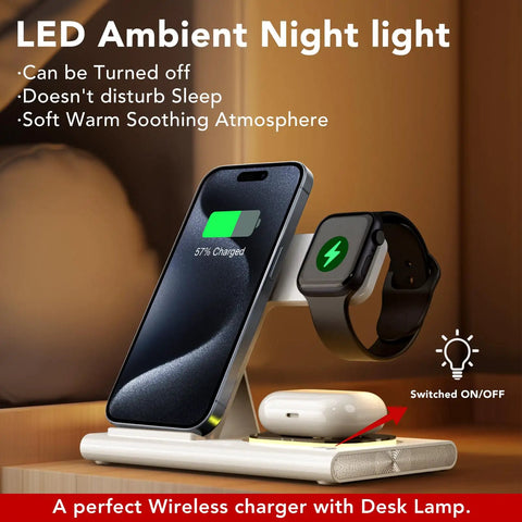 3 In 1 Foldable Wireless Charging Station Dock For iPhone Watch And AirPods travel ready white LED light on the go stand