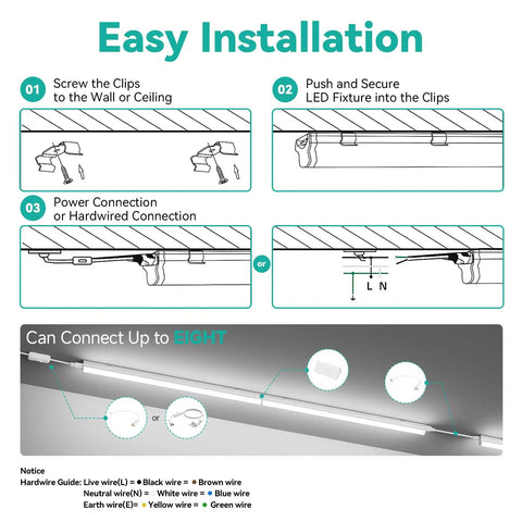 Installation guide for 8 Pack 4Ft LED Shop Lights With 2000LM 6500K Super Bright White, 20W Linkable Utility Fixture
