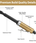 Badass Air Die Grinder With Extended Long Shaft For Tight Squeeze Tasks, Dual Collets, 22000 RPM, showing precision collet and speed control