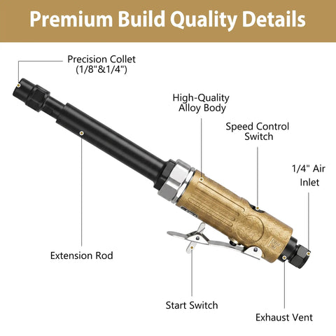 Badass Air Die Grinder With Extended Long Shaft For Tight Squeeze Tasks, Dual Collets, 22000 RPM, showing precision collet and speed control