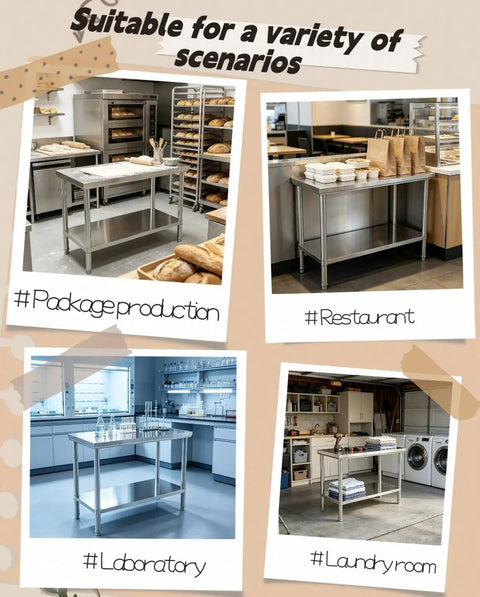 Premium 40x20 Stainless Steel Work Table Beefy Frame Heavy Duty Prep Station With Lower Shelf 600 Pound Capacity in restaurant kitchen setting.