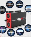 Built Tough 3000 Watt Power Inverter Converts 12V Dc To 110V Ac With 6000 Peak Surge, showing features and usage for various appliances.