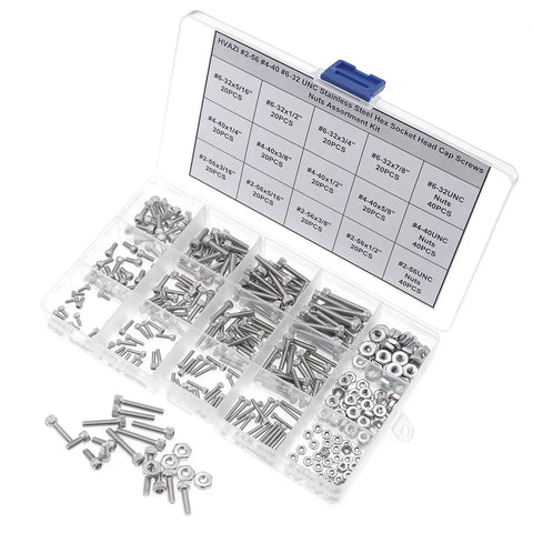 Durable 304 Stainless Steel Hex Socket Head Cap Screws With Nuts Set 360 Piece Assortment in clear box with compartments