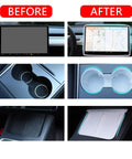 Before and after installation of Tesla Center Console 3 Piece Upgrade Kit for Model Y 2021-2024 and Model 3 2021-2023; cup holder and screen frame.