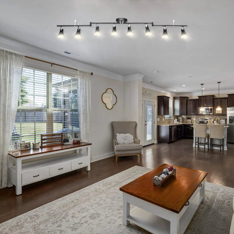Dope Flexible Track Lighting Fixture With Foldable Arm And Eight Adjustable GU10 Heads in living room ceiling setup.