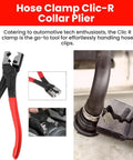 Top Tier 5 In 1 Hose Clamp Pliers Set For Auto Repair Pros, Durable Automotive Tool Kit To Snip Install And Adjust Clips On Coolant Or Fuel Lines Like A Boss. black carbon steel hose clamp pliers with red handles gripping a hose clip
