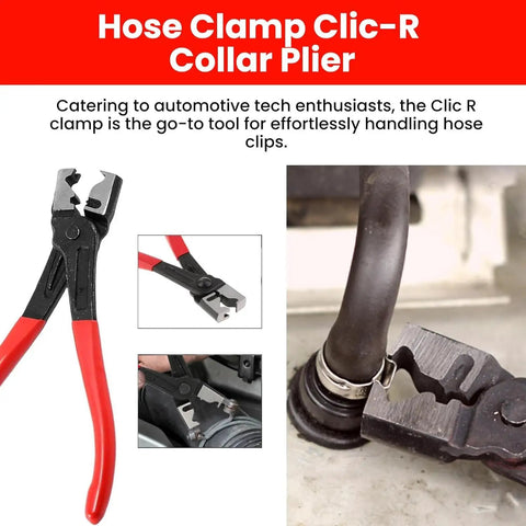 Top Tier 5 In 1 Hose Clamp Pliers Set For Auto Repair Pros, Durable Automotive Tool Kit To Snip Install And Adjust Clips On Coolant Or Fuel Lines Like A Boss. black carbon steel hose clamp pliers with red handles gripping a hose clip