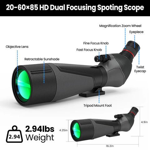 Birding Spotting Scope With Full Size Tripod For Bird Watching And Wildlife Viewing 20 To 60x85 Magnification 85mm Objective Lens Top Notch Optics Durable Build Easy Setup For Nature Lovers, side view