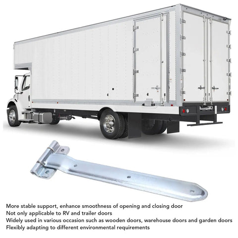 Heavy Duty 16 Inch Trailer Door Strap Hinge Set For Side Doors On Enclosed Cargo Trailers And RVs shown with white trailer